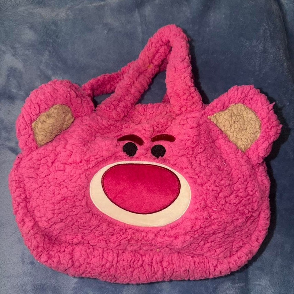 Pink and white plush Lotso bag with matching keychain and side bag lot of 3